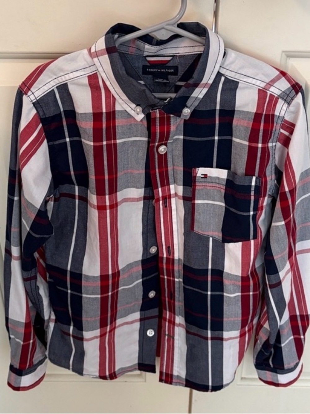 Tommy Hilfiger Red, Navy & White Plaid Button-Down Shirt size 7